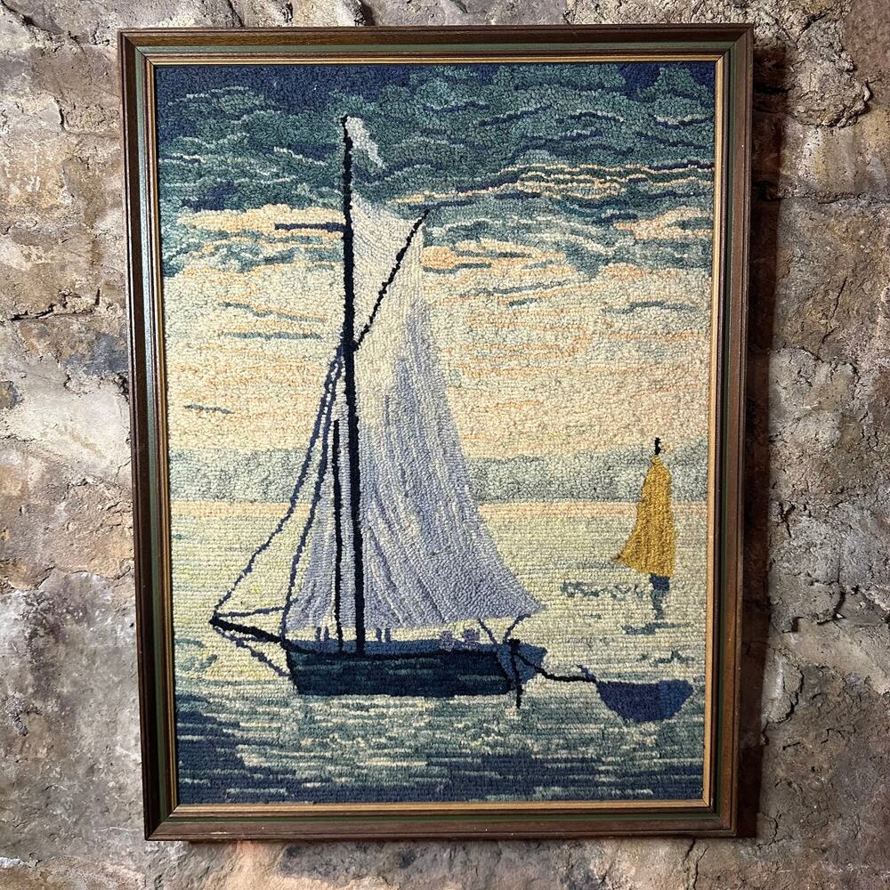 Vintage Pearl McGown Hooked Rug Art Eventide Sailboat Framed Coastal